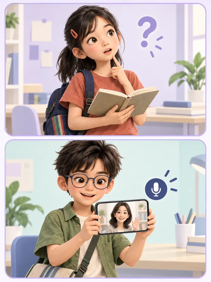 女孩拿筆記本提出疑問，下一格男孩透過手機向成人老師求助。